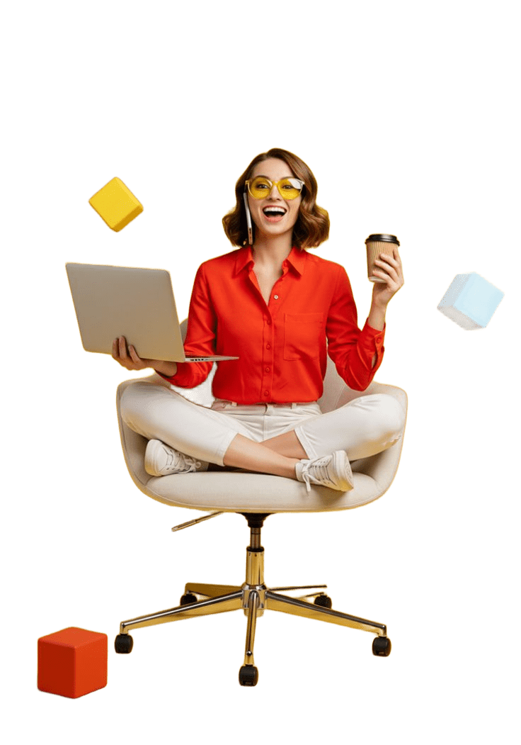 Person sitting on an office chair holding a laptop and a coffee — decorative illustration